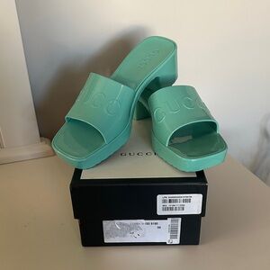 Gucci Women's Teal Colored Block Heel Sandals/Mules